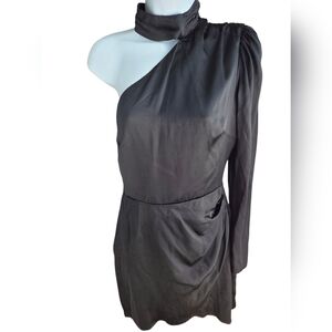 Reformation Tate Dress One Shoulder Silk Mock Neck Long Sleeve Black Size 6